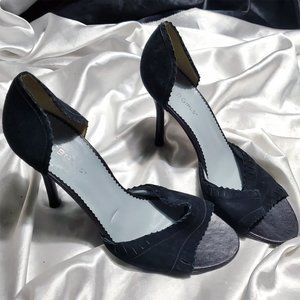 $$$ BCBGIRLS black suede open toe heels with frilly accents